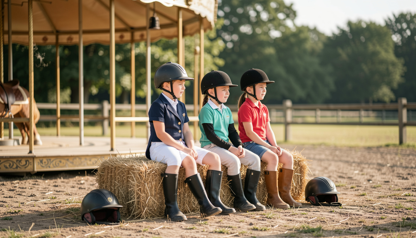 Trois enfants casqués en tenue d'équitation assis sur une botte de paille au bord d'une carrière de sable, deux bombes posées au sol, lices de bois et arbres d'été en arrière-plan, en pleine lumière.